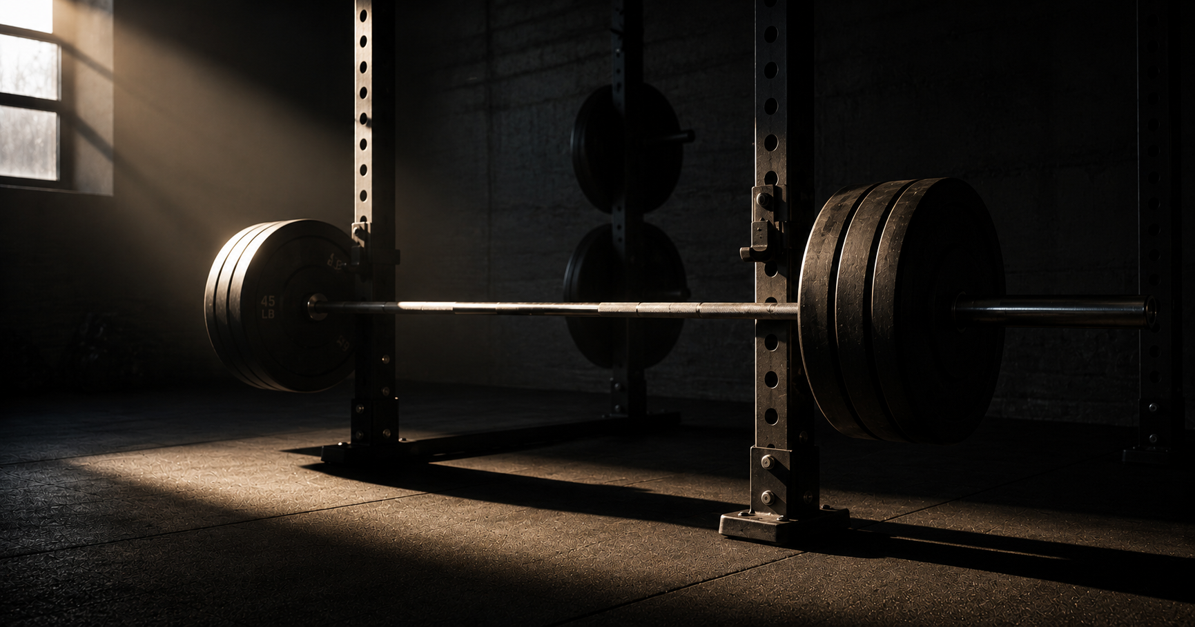 Barbell in power rack with dramatic side lighting