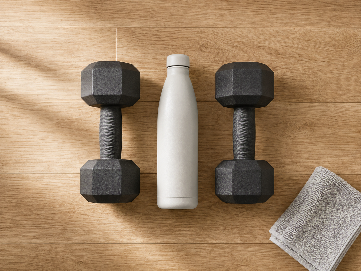 Gym equipment including dumbbells and water bottle on wood surface